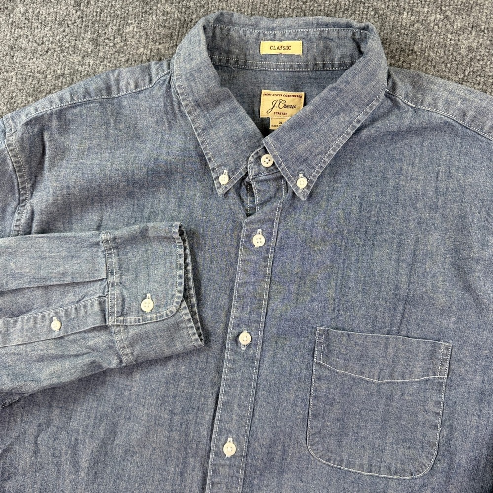 J Crew Chambray Shirt Mens XL Blue Long Sleeve Button Up Denim Work Utility